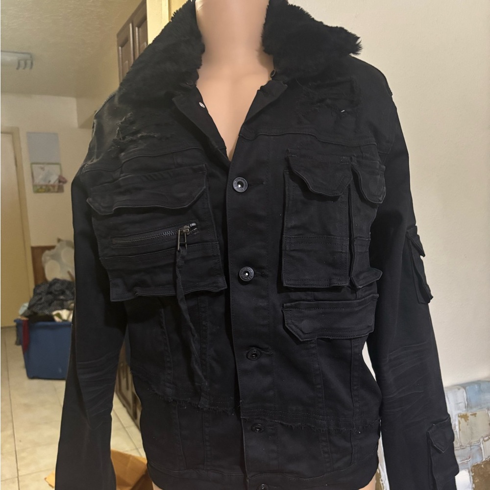 Women's Black Utility Jacket with Faux Fur Collar